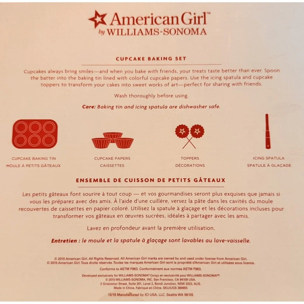 Williams Sonoma American Girl Cupcake Baking Set Kit 2015 in Box, Never‎ Used